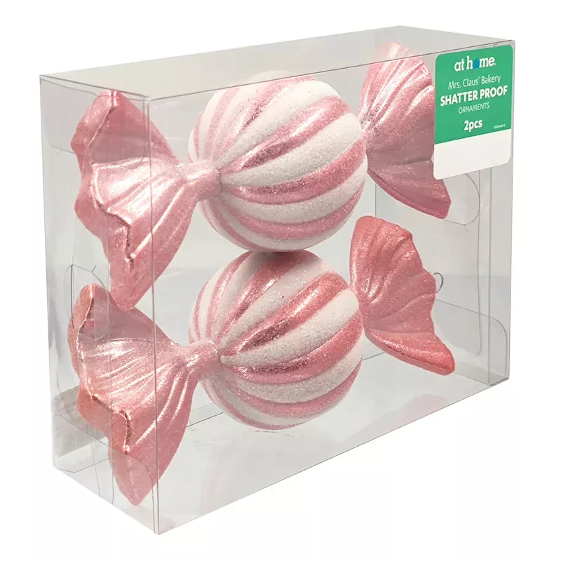 Mrs. Claus' Bakery 2-Count Pink & White Candy Shatterproof Ornaments, 7.5"