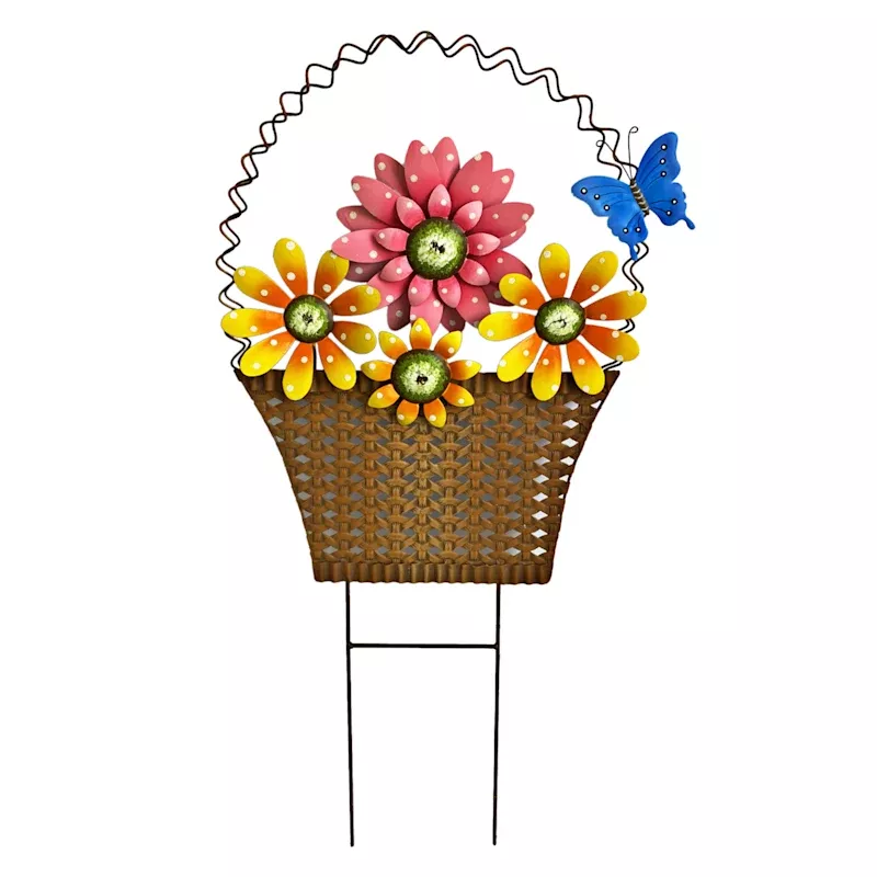 Multicolor Metal Flower Basket Yard Stake, 16.8"