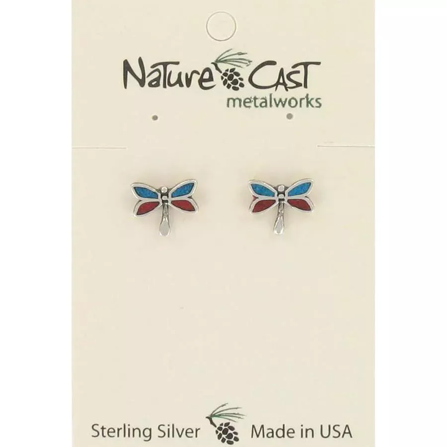 Nature Cast Inlay Coral/Turquoise Dragonfly Sterling Silver Post Earrings