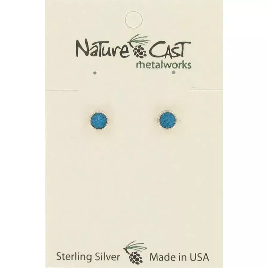 Nature Cast Round Turquoise Button Sterling Silver Post Earrings