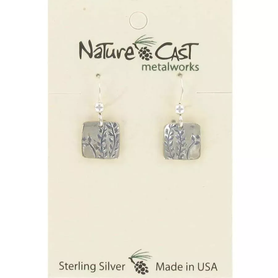 Nature Cast Square with Leaf Sterling Silver Dangle Earrings