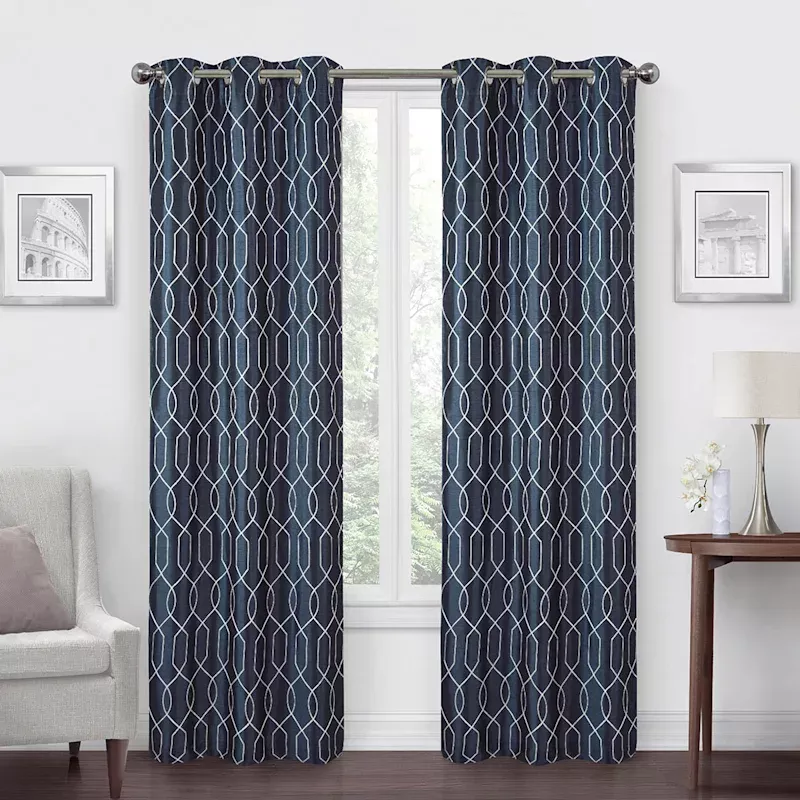 Navy Faux Silk Embroidered Blackout Grommet Curtain Panel, 84"