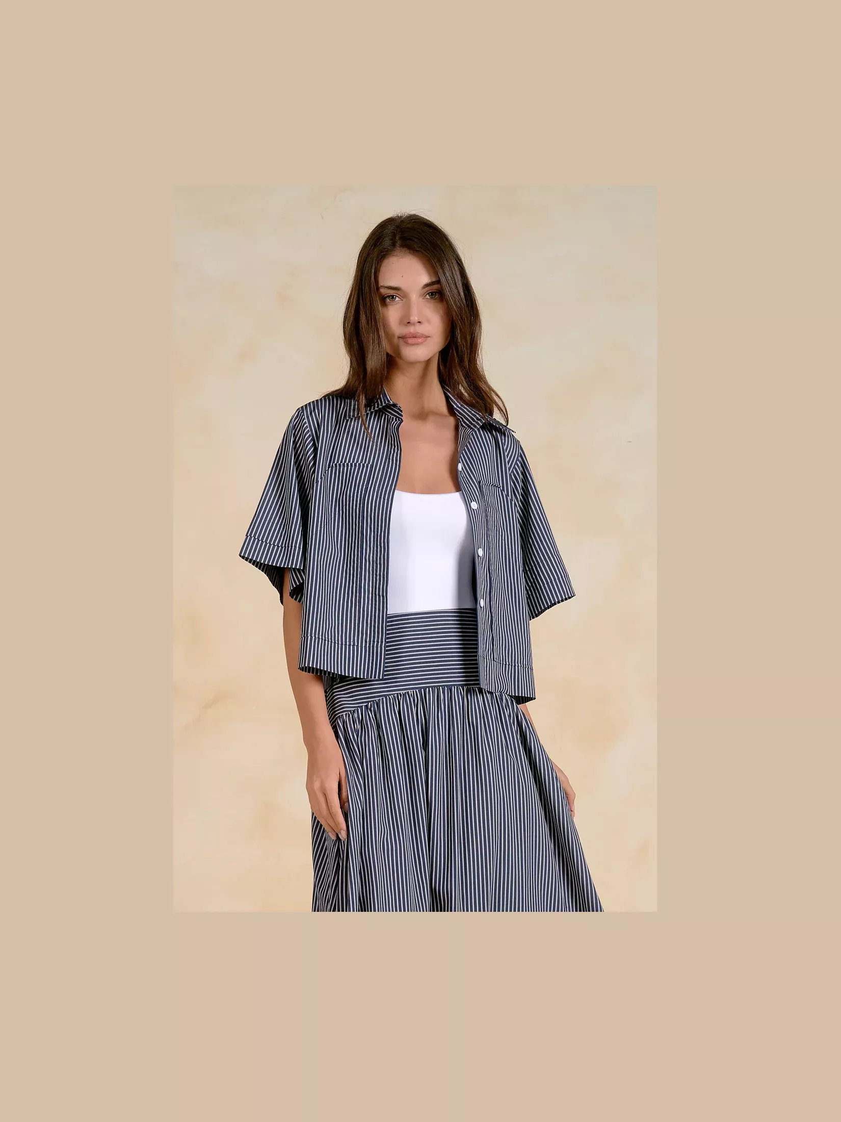 Navy Striped Button Front Top