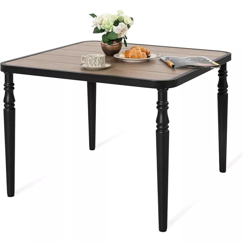 NUU GARDEN 37 Square Outdoor Dining Table, Metal Dining Table with Umbrella Hole, Wood-Grain Tabletop, Weather-Resistant for Garden, Backyard, Deck, Lawn