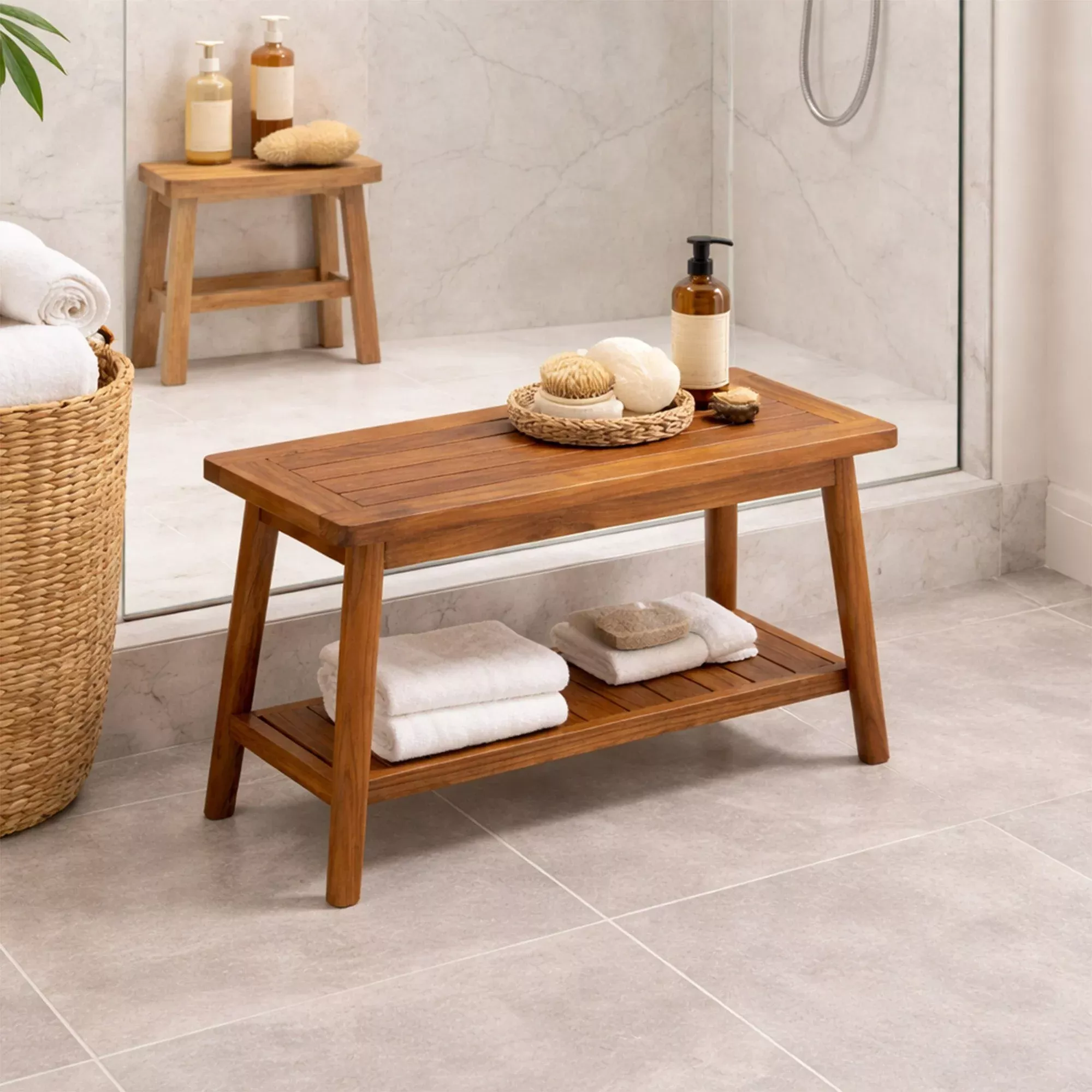 Oiled Teak Shower and Bath Decor Bench with Shelf - 30"
