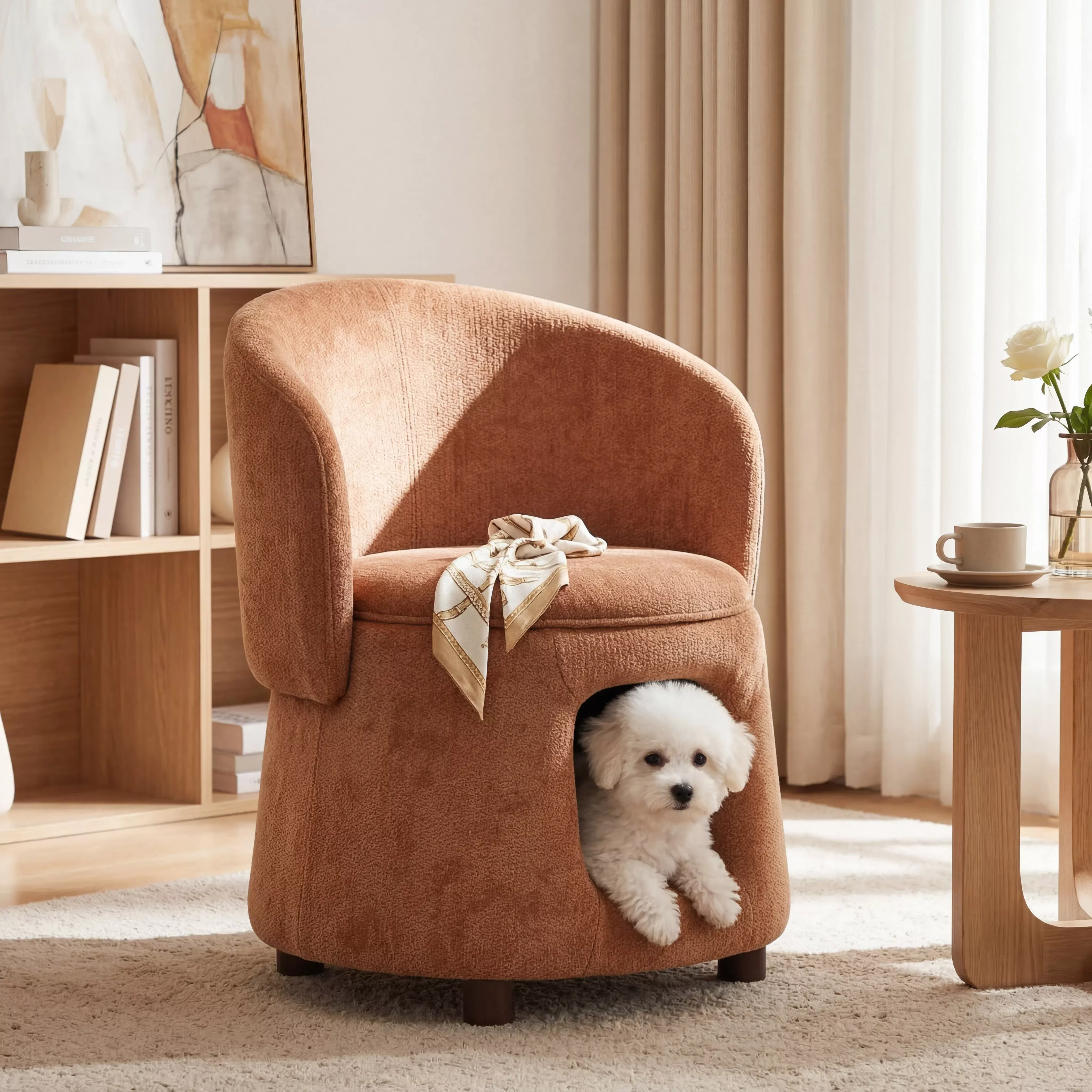 Orange Pet Friendly Chair with Hidden Pet Nook, Convertible Stool, and Storage Seat