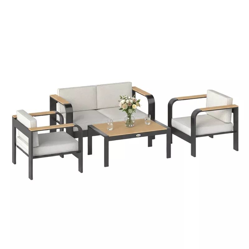 Outsunny 4 Seater Aluminium Garden Furniture Set With Olefin Cushions Beige