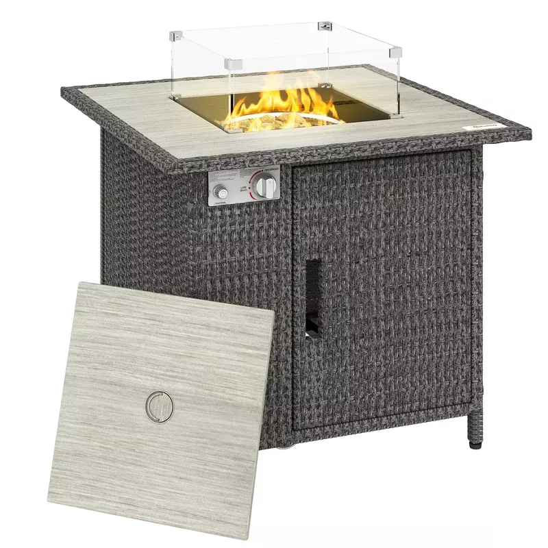 Outsunny Rattan Gas Fire Pit Table With Rain Cover Wind Guard 14.5 Kw