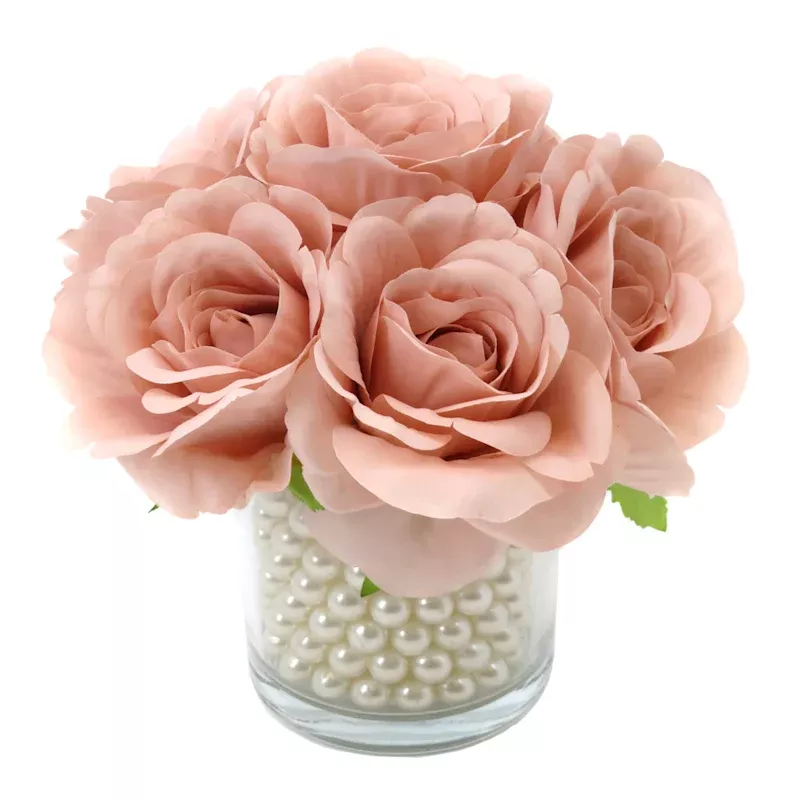 Pink Rose Floral Bouquet with Pearls in Glass Vase, 8"