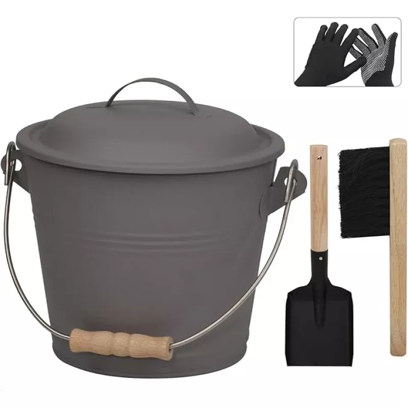 Poofzy Ash Bucket with Lid and Shovel, 1.3 Gallon Fireplace Bucket for Ashes, Includes Hand Broom and Gloves for Fire Pit, Wood Burning Stove and Grill (Gray)