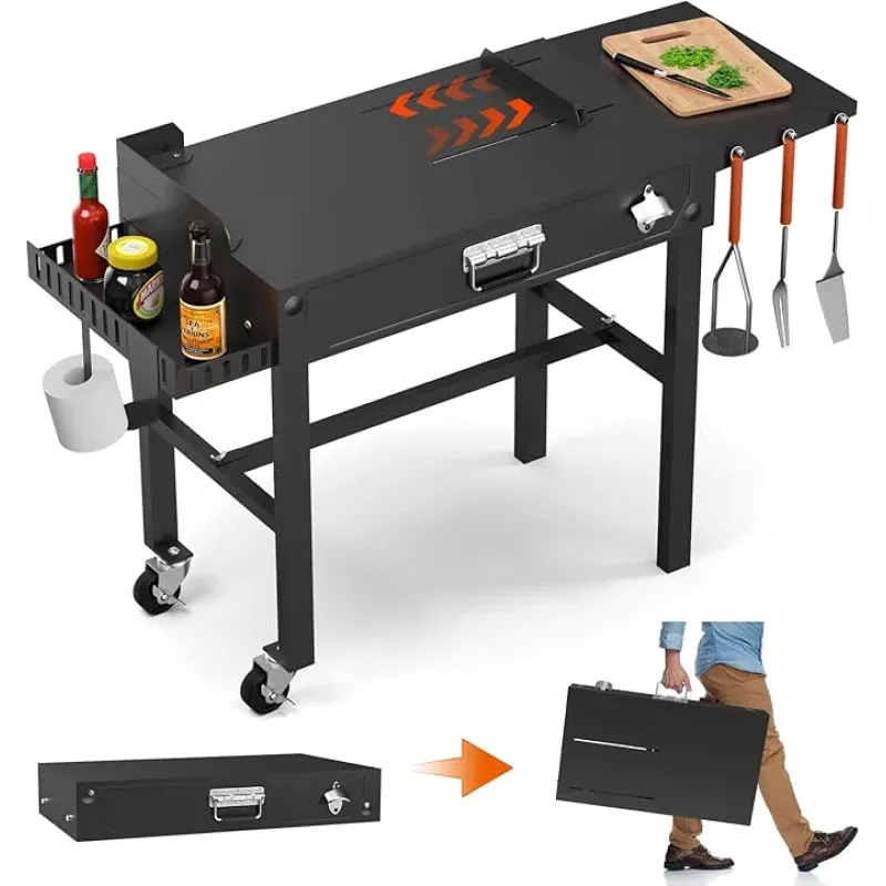 Portable Grill Table for Blackstone Griddle, 31 W x 17 D Folding Cart Stand, Adjustable Table With Paper Towel Holder, Fits 17/22/32 Large Space