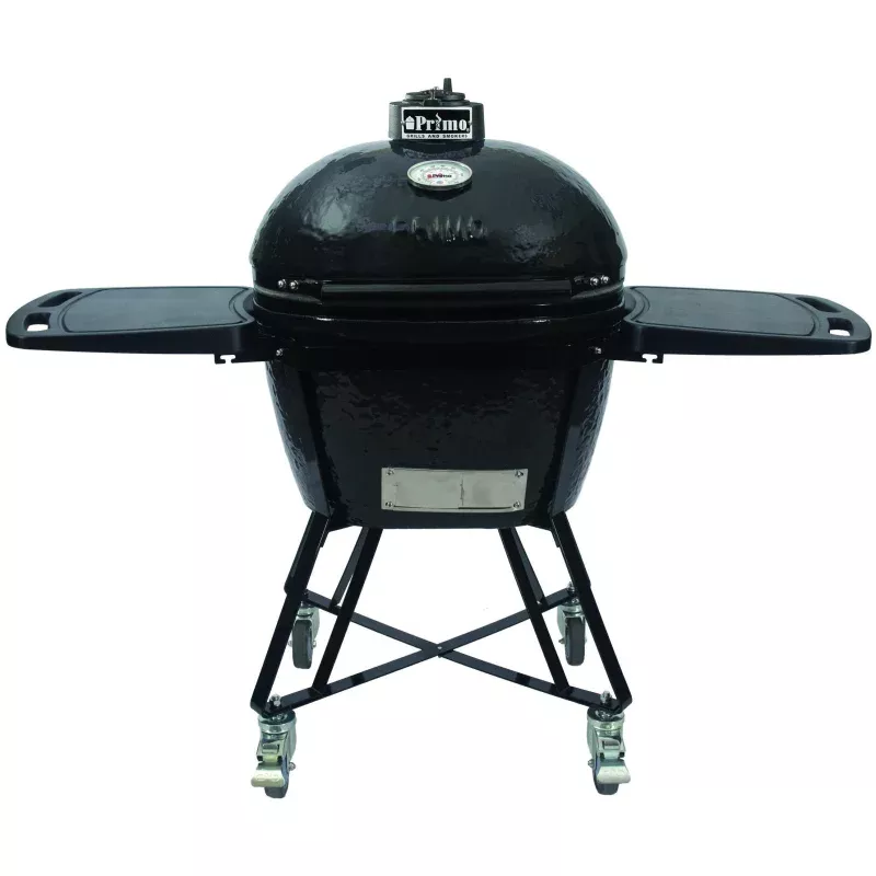 Primo All-In-One Oval Large 300 Ceramic Kamado Grill With Cradle, Side Shelves, And Stainless Steel Grates – PGCLGC
