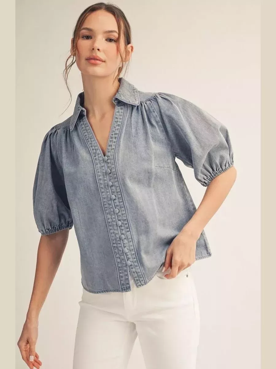 Puff Sleeved Denim Washed Button Down Top