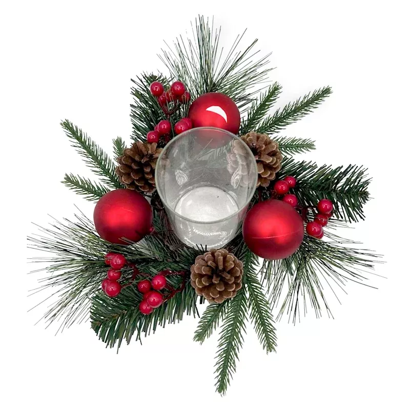 Red Berry, Pinecone & Pine Glass Candle Holder Centerpiece, 8"
