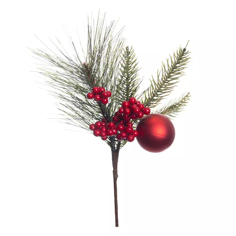 Red Glittered Berry, Ball & Pine Pick, 12"