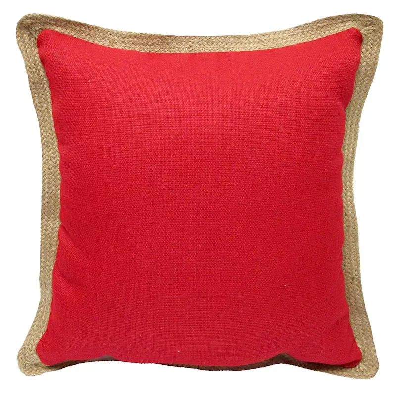 Red Jute Trim Outdoor Throw Pillow, 18"
