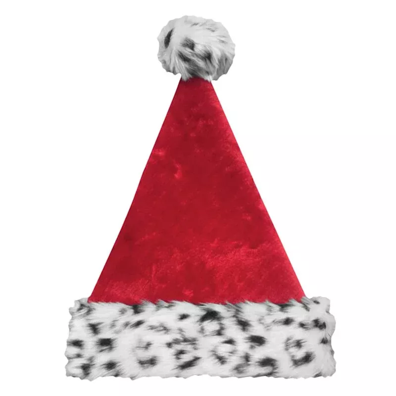 Red Santa Plush Hat with Leopard Cuff, 17"