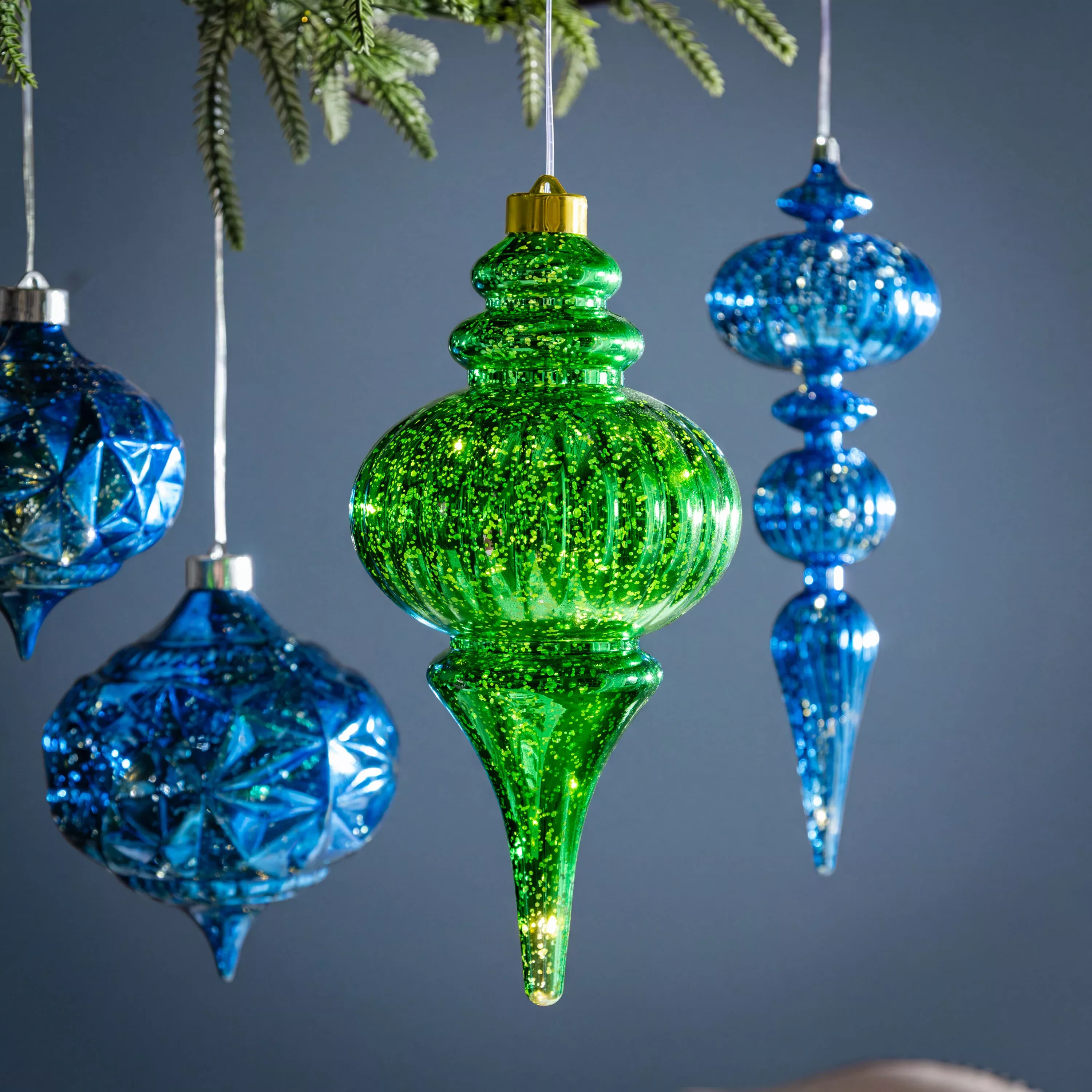 Ribbed Finial LED Shatter Proof Ornament, Green