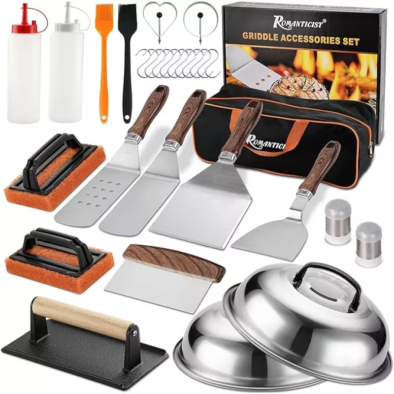 ROMANTICIST 29PCS Griddle Accessories Set – Flat Top Teppanyaki Spatula Set with Scraper, Basting Cover for Camp Chef- Home Cooking Griddle and Outdoor BBQ Gifts for Christmas