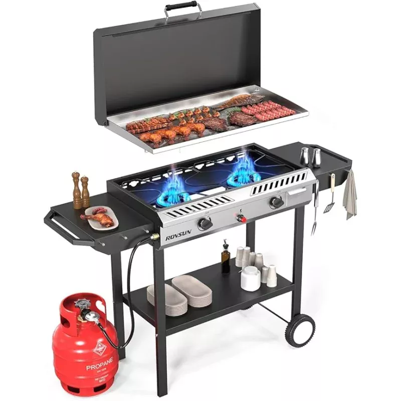 ROVSUN 2 Burner Outdoor Propane Gas Stove with Auto-ignition, Regulator & Shelf, 150,000 BTU Powerful Stand Cooker for Backyard Patio Cooking Home Brewing Canning Turkey Frying