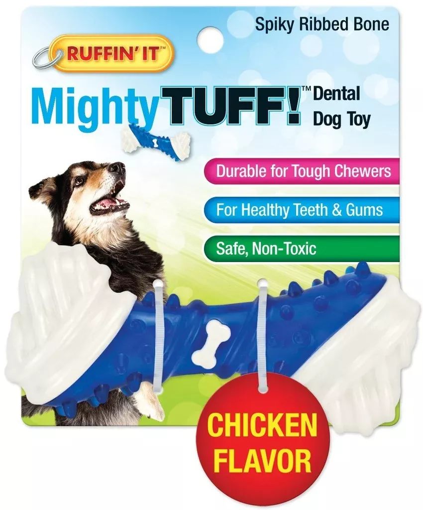 Ruffin' It 80656 Spiky Ribbed Bone Dog Dental Toy, Assorted Color