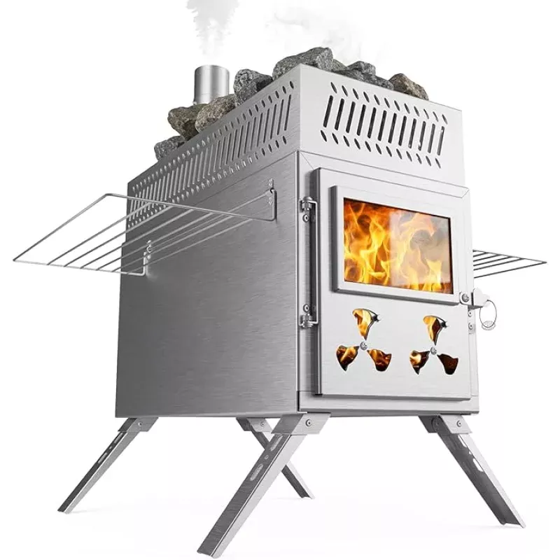 Sauna Hot Tent Stove, Camping Wood Burning Stove with 8 Stainless Chimney Pipes, Portable Folding Wood Stove for Tent, Outdoor Heating, Cooking, Ice Fishing, Hunting