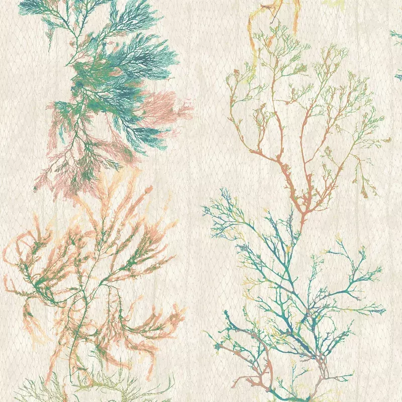 Seagrass Seaweed Stripe in Coral and Kelp Green Wallpaper
