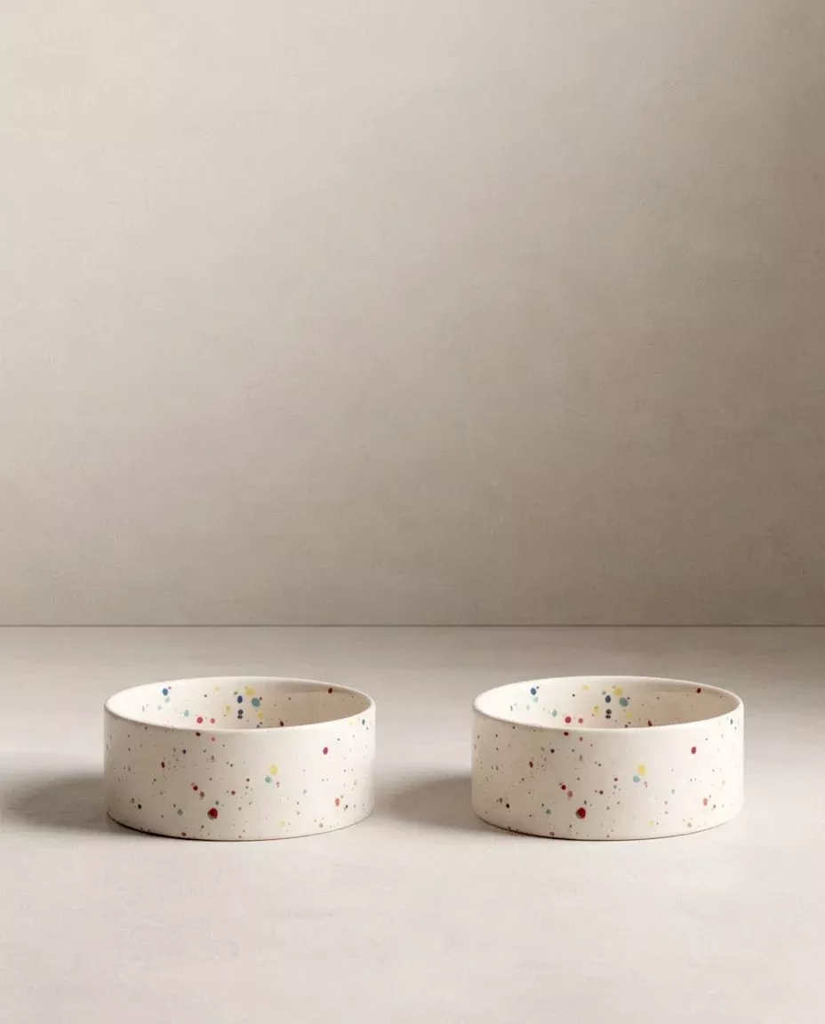 Set of 2 White Medium stoneware ceramic Pet Bowls — Party Collection