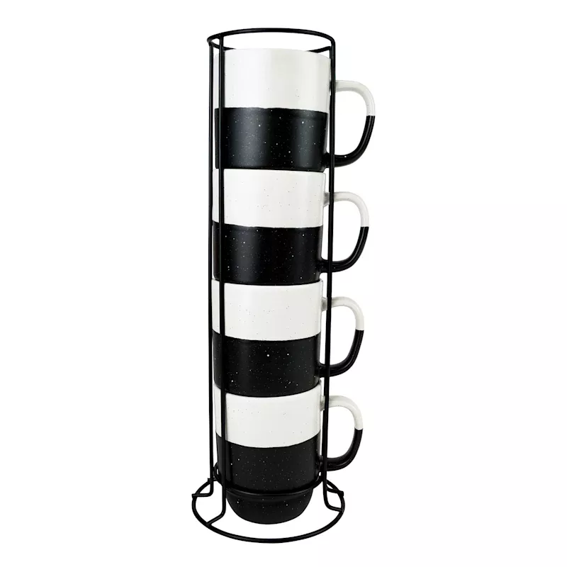 Set of 4 Black & White Color Block Mugs, 14oz