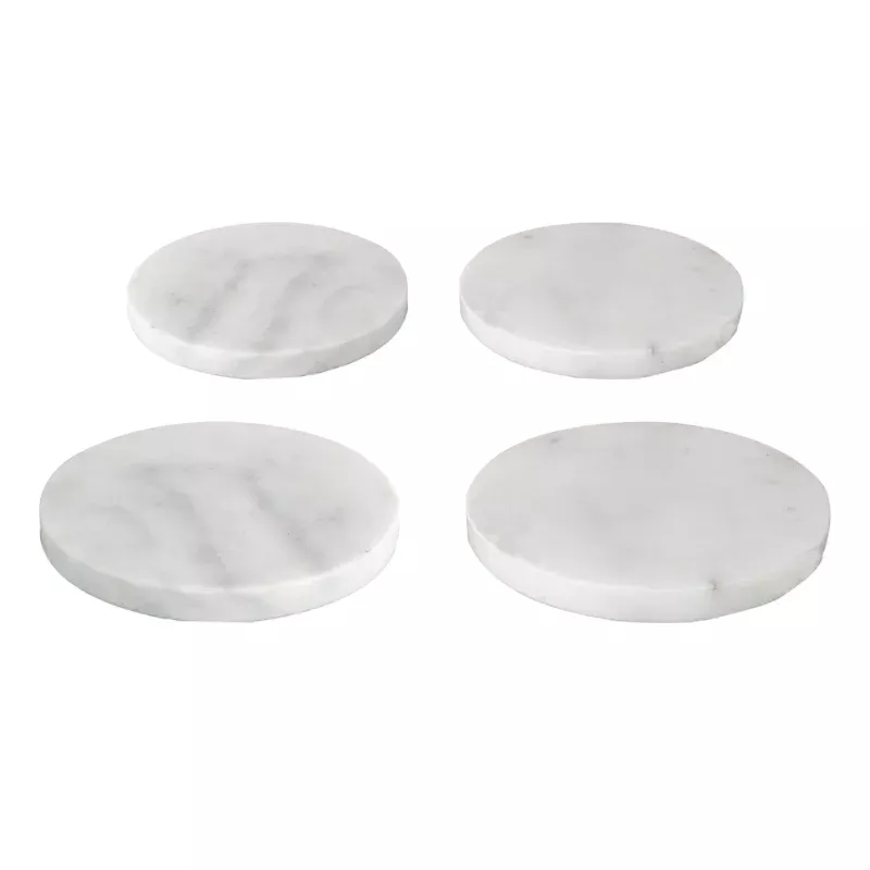 Set of 4 Round White Marbled Stoneware Coasters, 4"