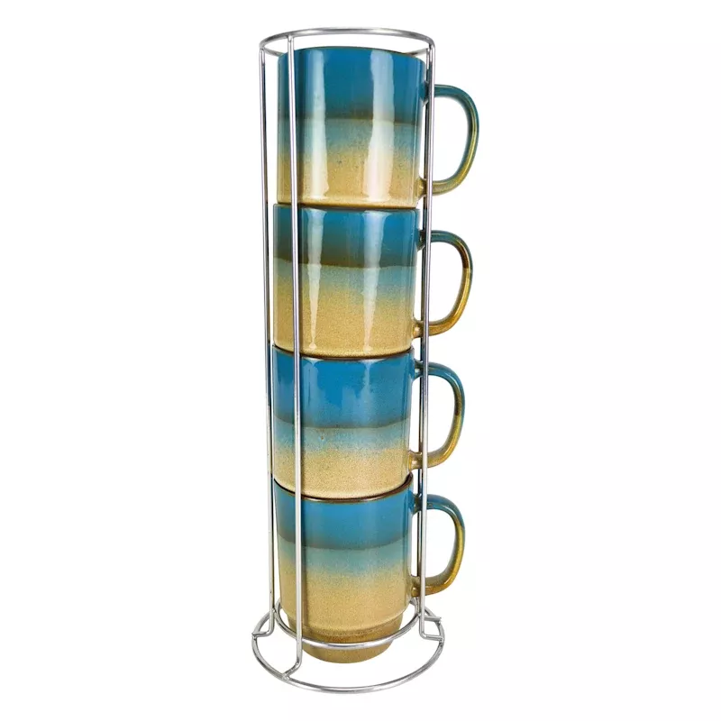 Set of 4 Stacked Blue & Tan Mugs, 14oz