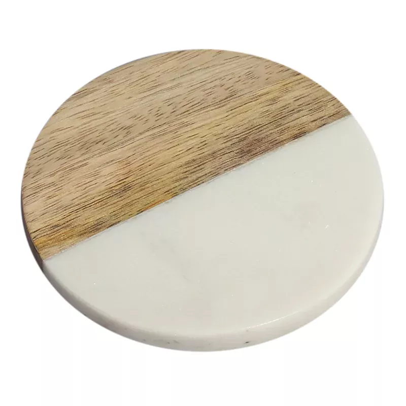Set of 4 White Marble & Wood Coasters, 4"