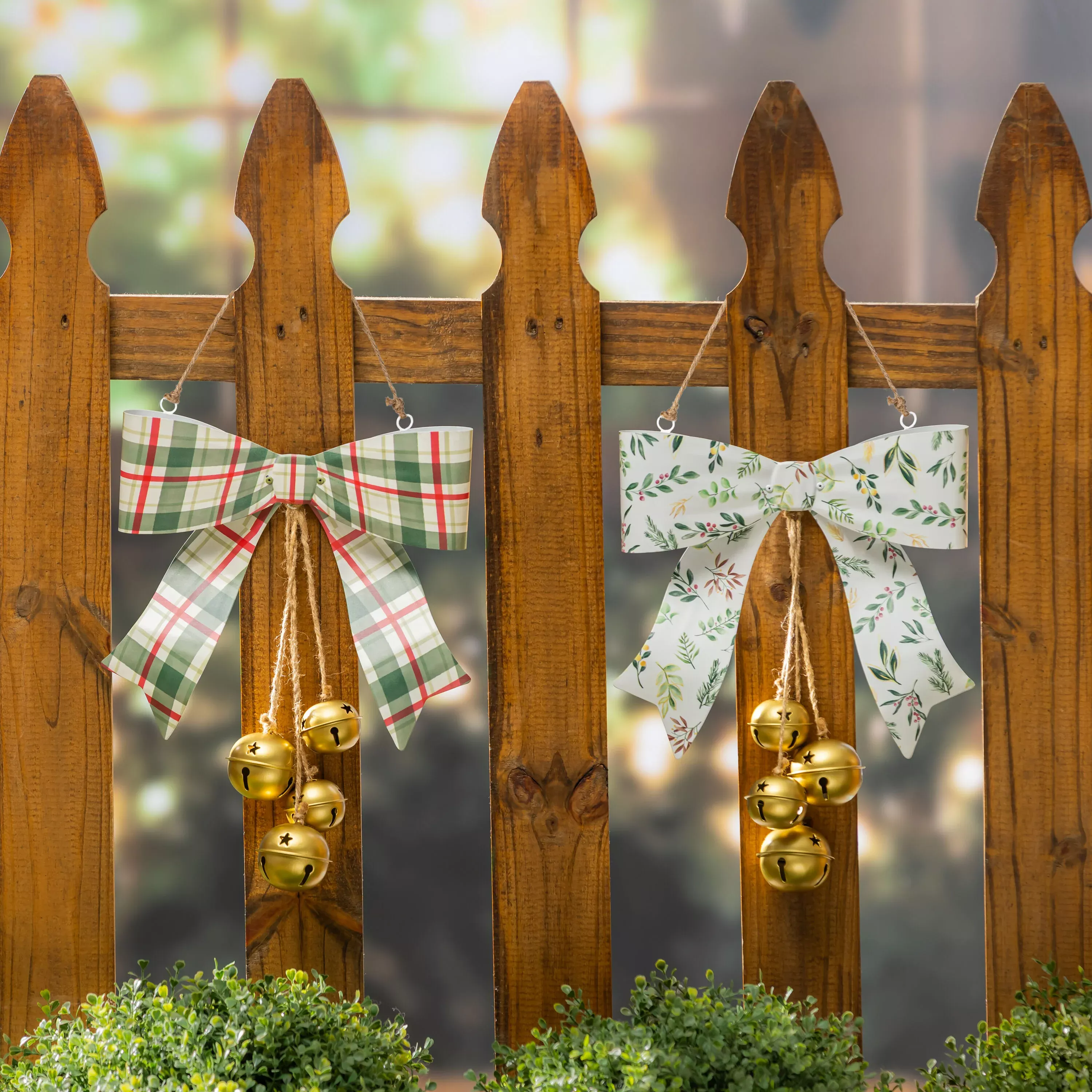 Shades of Emerald Hanging Wall Decor, Bow with Hanging Jingle Bells, Asst of 2