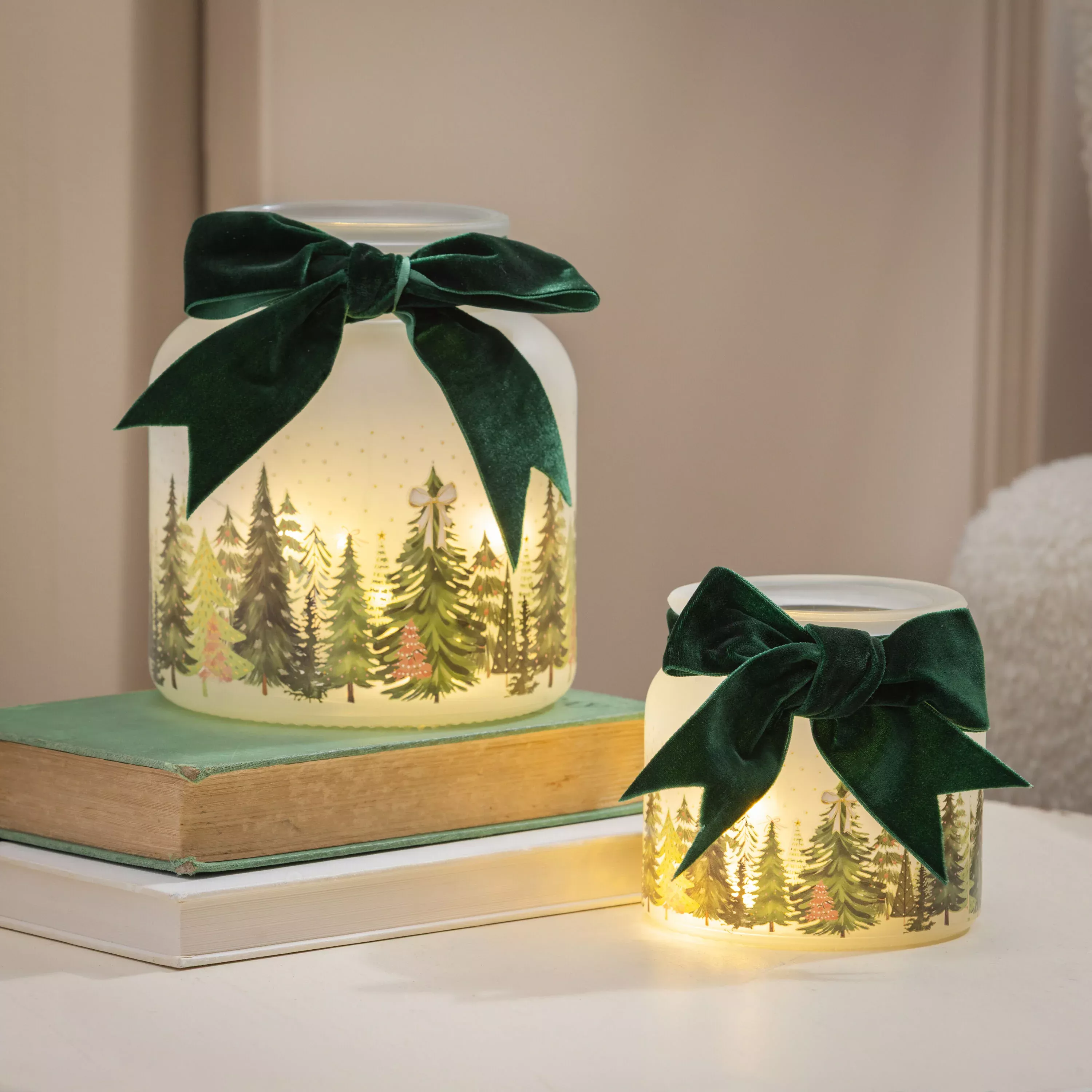 Shades of Emerald LED Table Décor Glass Jar with Bow, Set of 2