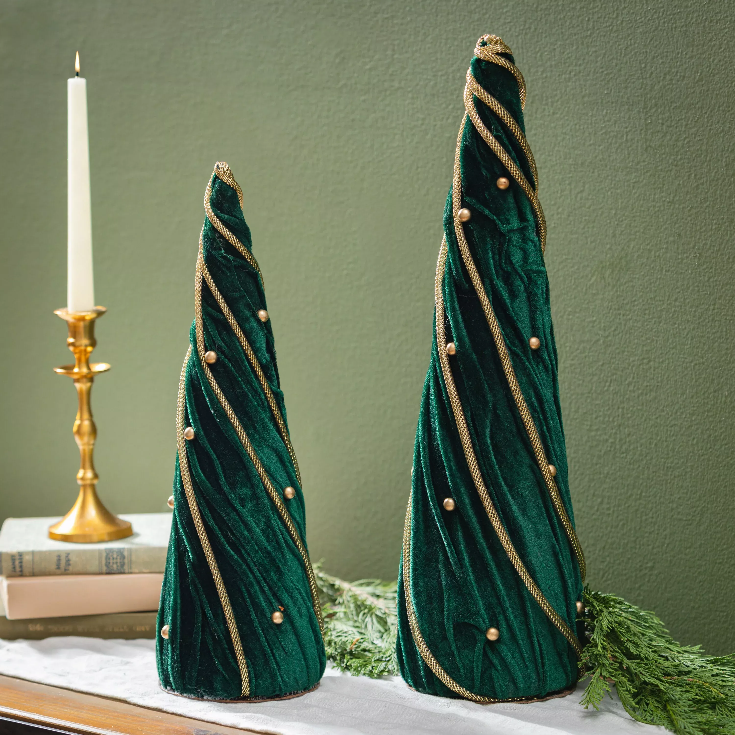 Shades of Emerald Table Décor Fabric Tree with Beads, Set of 2