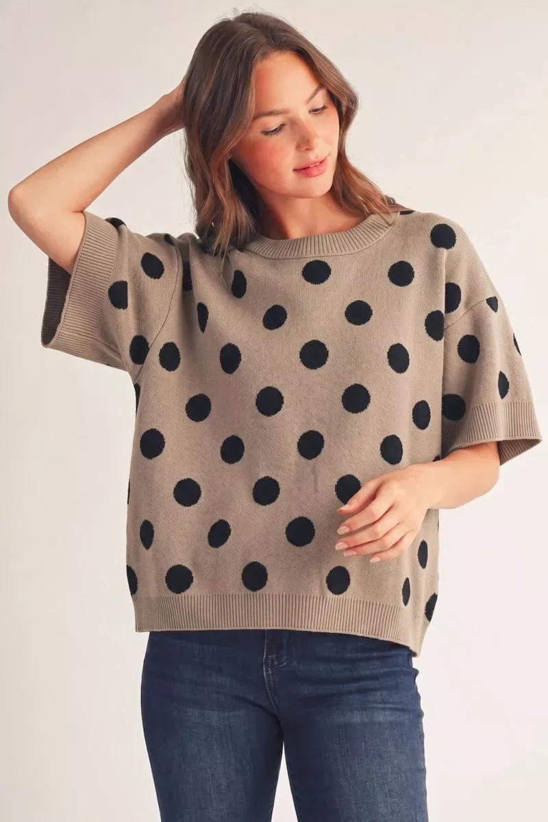Short Sleeve Polka Dot Sweater - Taupe