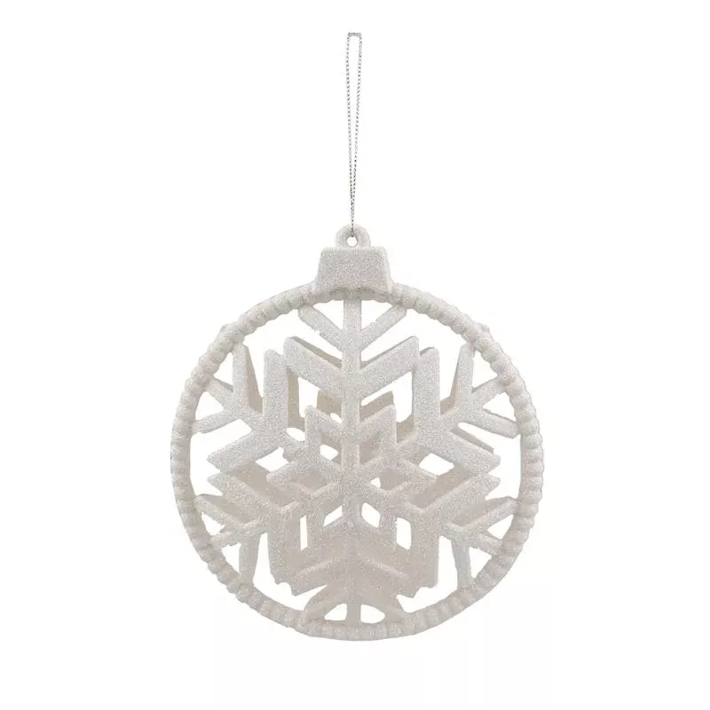 Silver Round White Glittered Snowflake Ornament, 7"