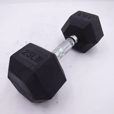 Single 25 LB Black Rubber Coated Hex Dumbbell
