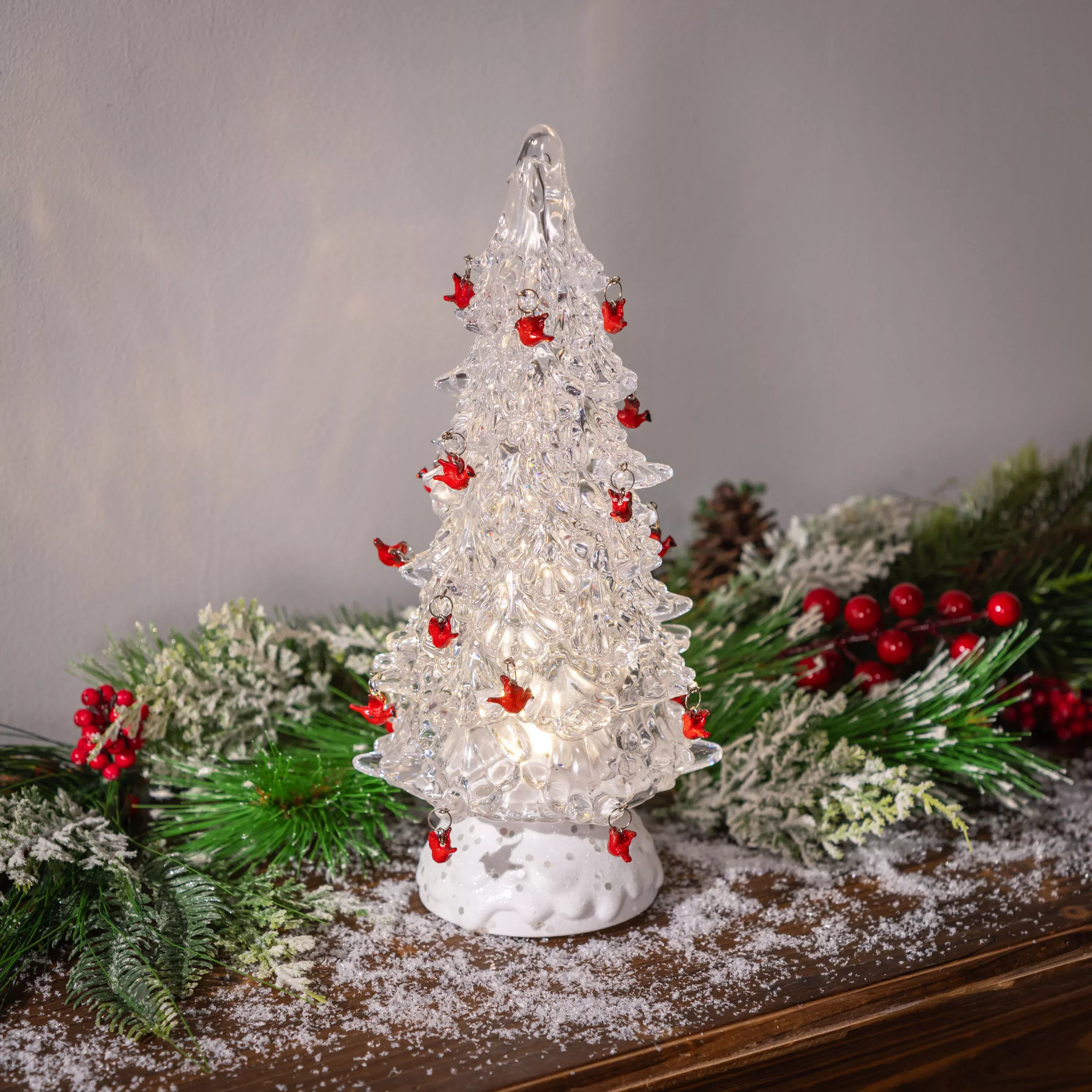 Snowbirds LED Table Décor Plastic LED Tree with Cardinals and Rotating Base, 12"H