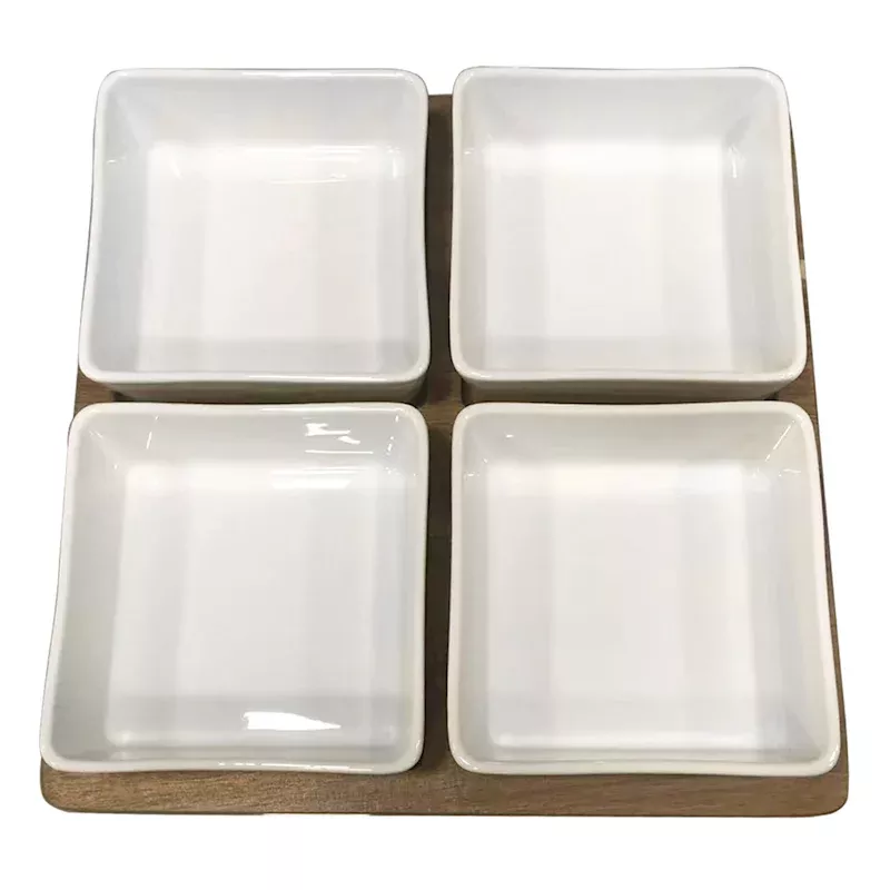 Square Ceramic Bowl with Wooden Tray Set