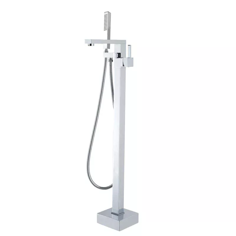 Square Chrome Freestanding Bath Mixer With Handheld Shower