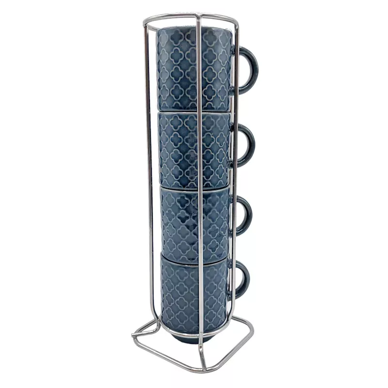 Stacked Blue Embossed Espresso Mugs, 3oz