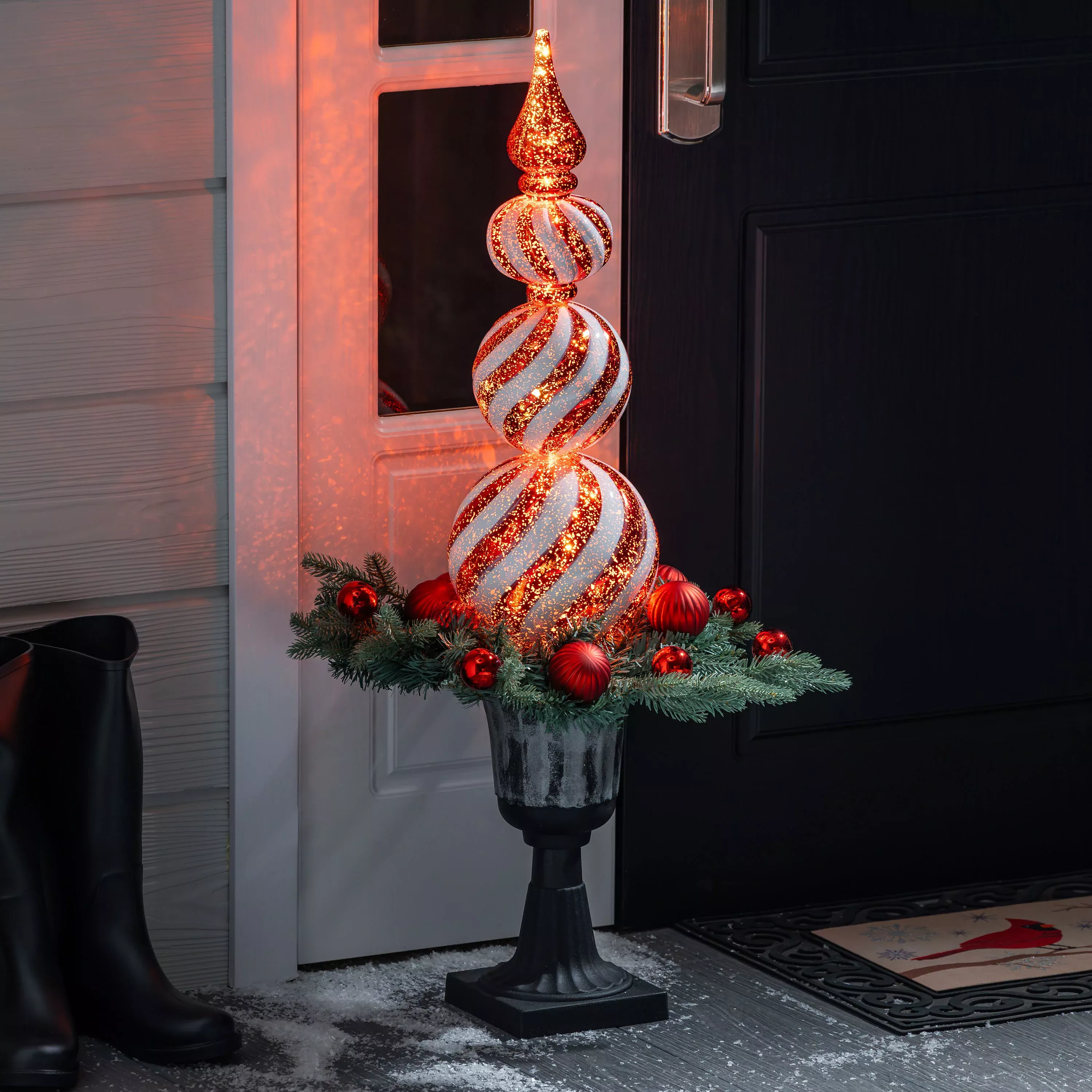 Sugar & Stripes, Shatterproof Peppermint Swirl Topiary LED Statuary, 38”H