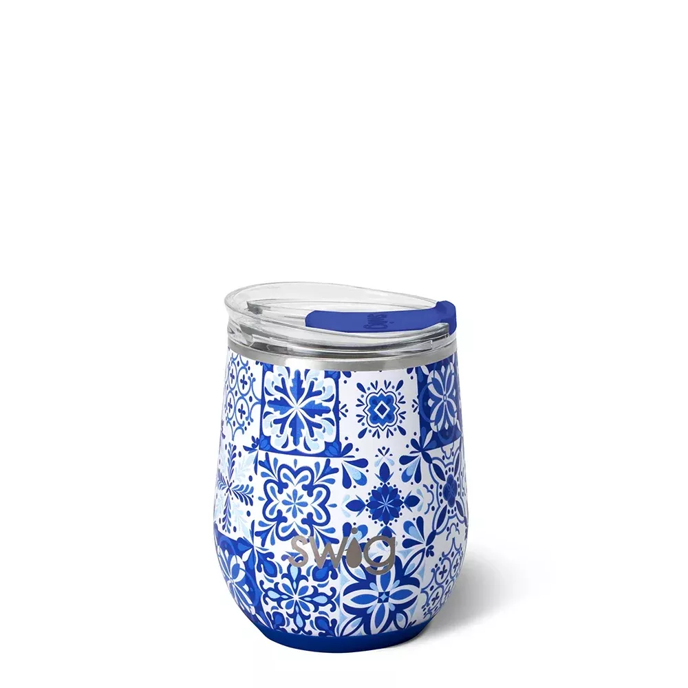 Swig - Indigo Tiles Stemless Wine Cup, 12 Ounce