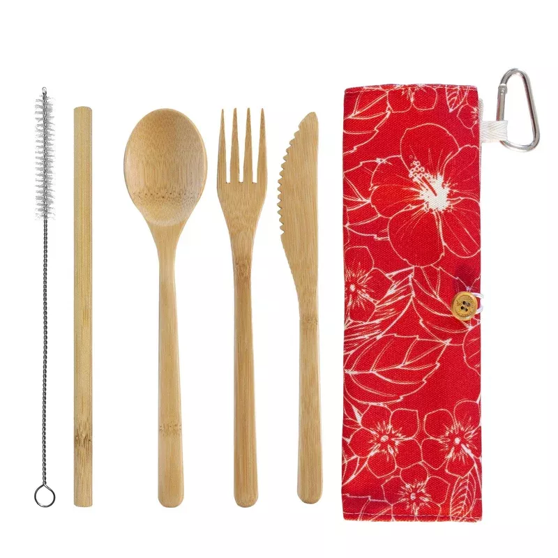 Take-Along Reusable Utensil Set with Hibiscus Travel Roll