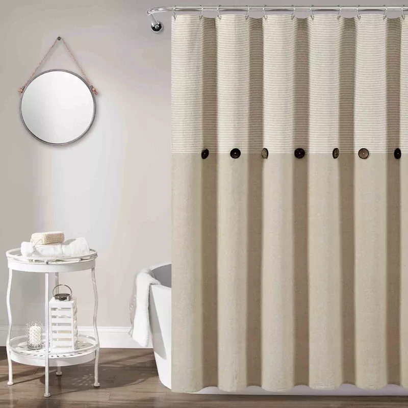 Tan Faux Linen Pleated Button Shower Curtain, 72"