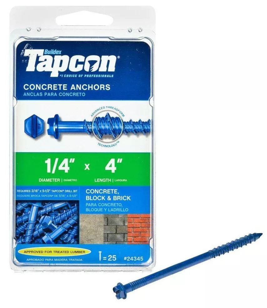 Tapcon 24345 Concrete Anchors, 1/4"x4", 25 Piece