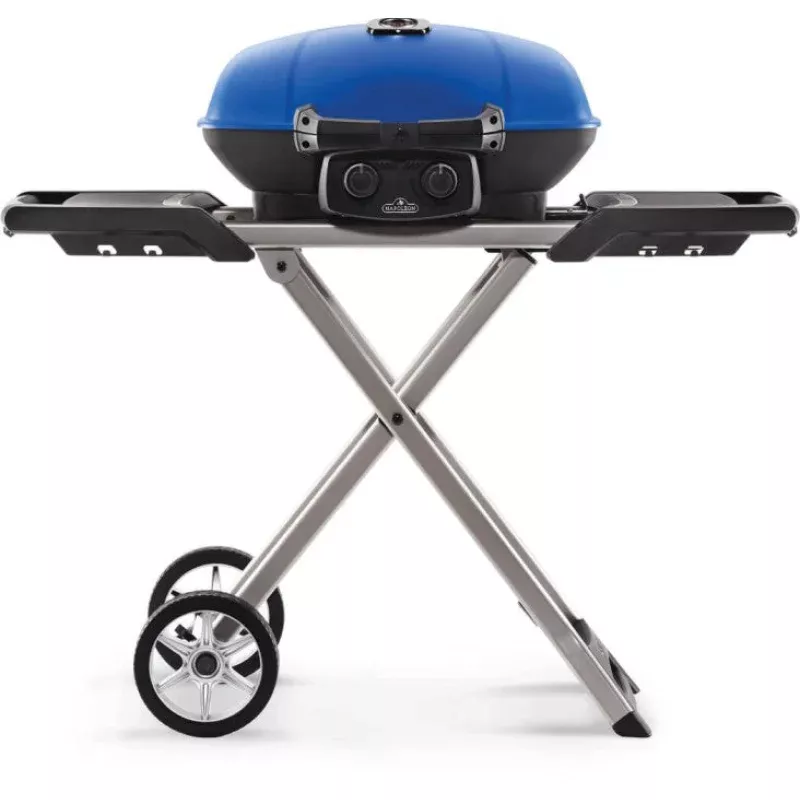 TravelQ 285X Portable Propane Gas Grill with Scissor Cart, Blue