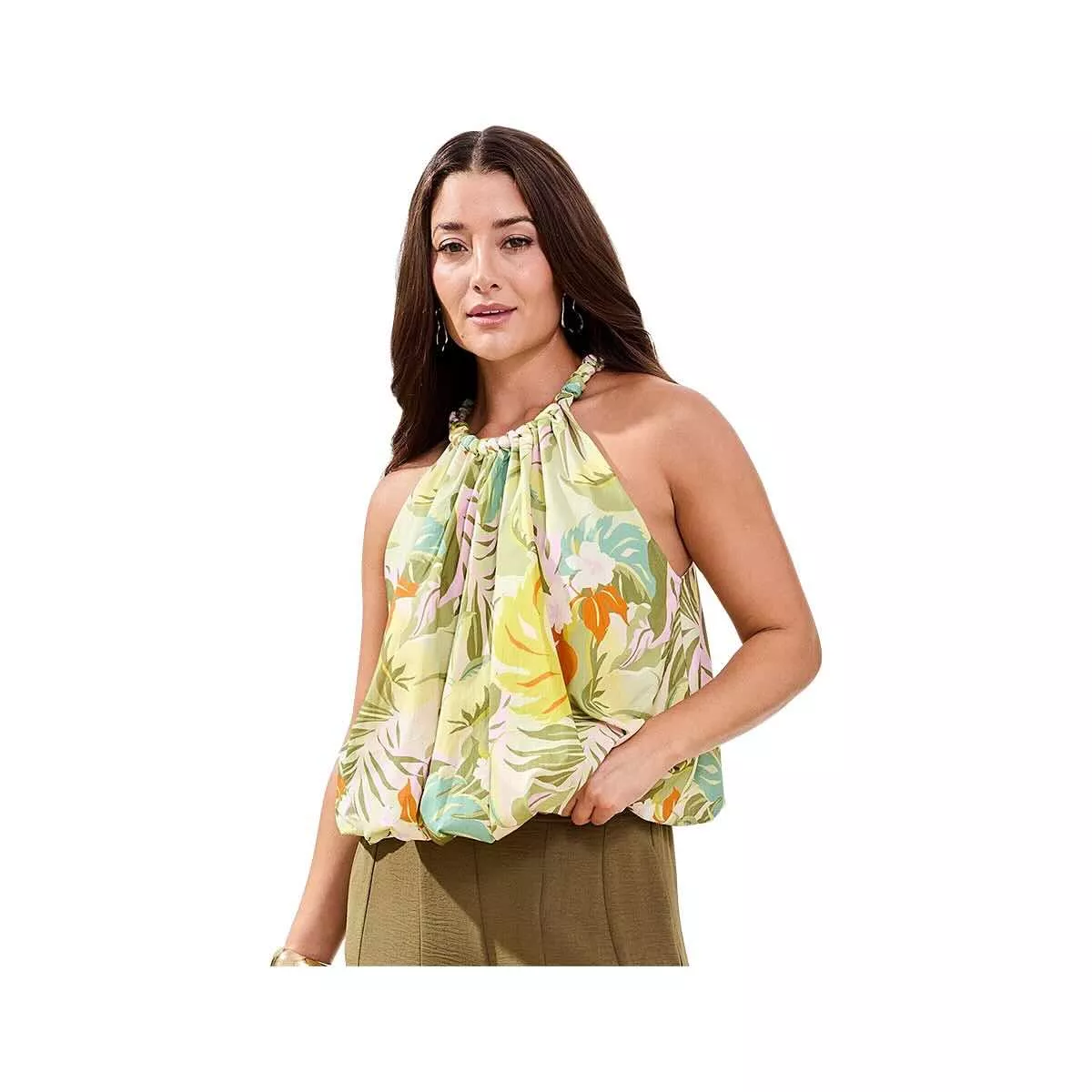 Tribal Sportswear Women's Printed Bubble Hem Braided Neckline Blouse