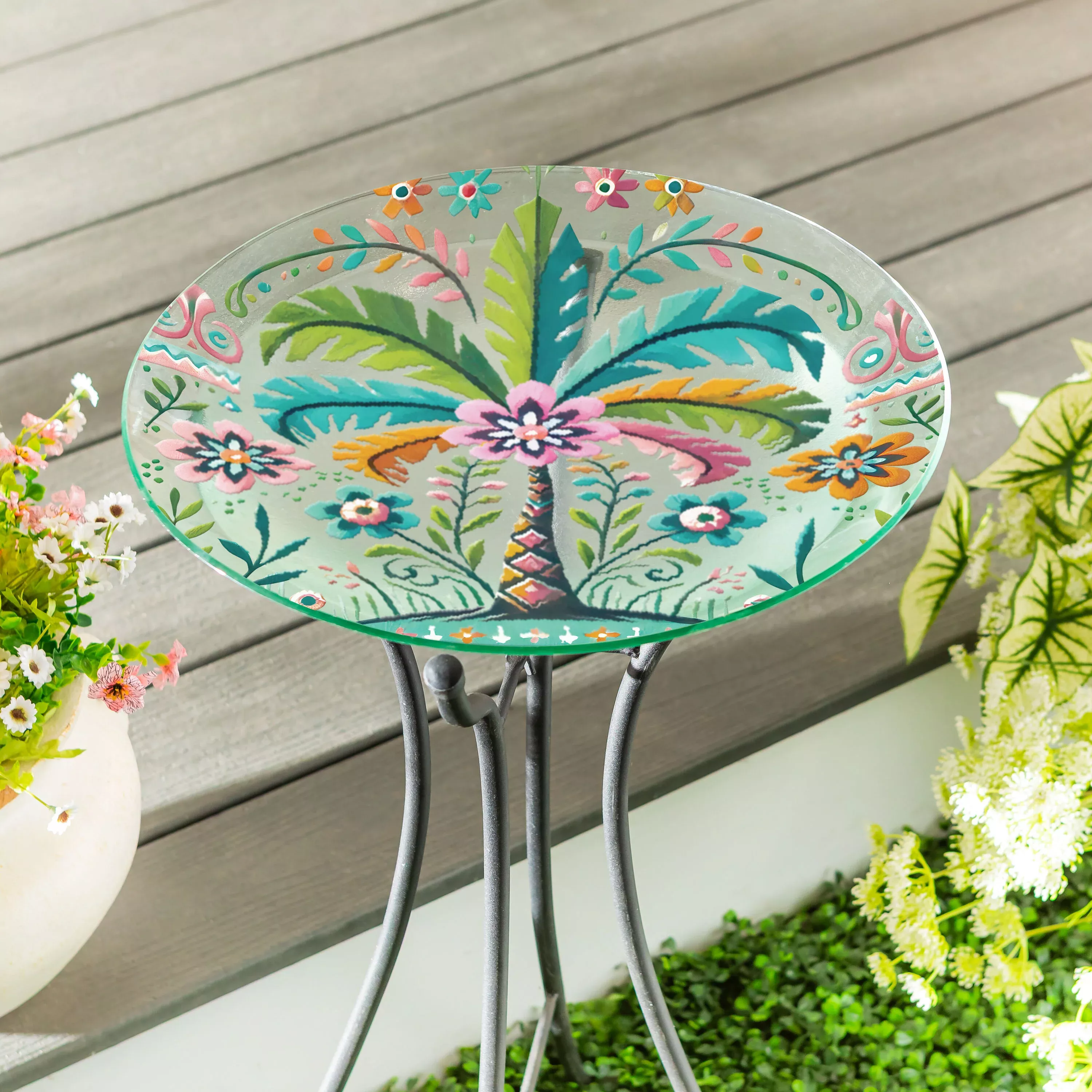Tropical Oasis Birdbath, Glass Folk Art Palm Tree, 18"